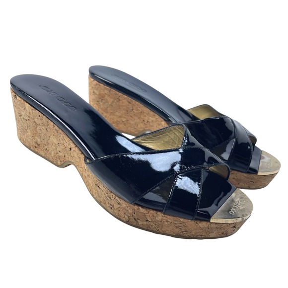 Jimmy Choo Sandals Cork Wedge Panna Black Patent Leather Women's Size 36/6 Sleek - Picture 1 of 14